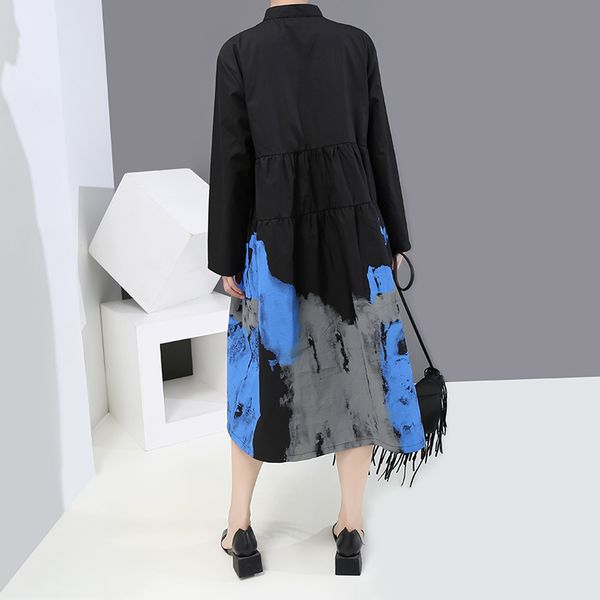 

new tie dye style woman 2020 autumn winter long sleeve black print vintage shirt dress pocket ladies casual midi dress robe 6508 lj201203, White;black