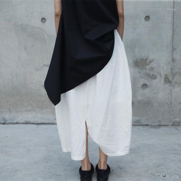 

eam] 2020 new spring autumn high waist drawstring white loose big size loose wide leg pants women trousers fashion tide jr5051, Black;white