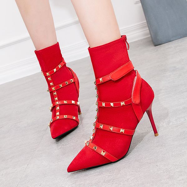 

design luxury women knight boots 9cm high heels fetish rivets suede boots stiletto ankle scarpins studded, Black