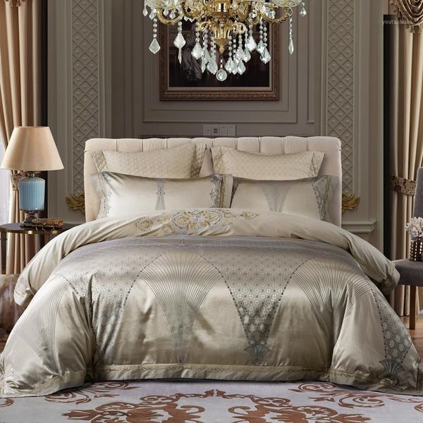 

4 pieces fold jacquard silk cotton luxury bedding set king size  bed set duvet cover bedspread pillowcase1