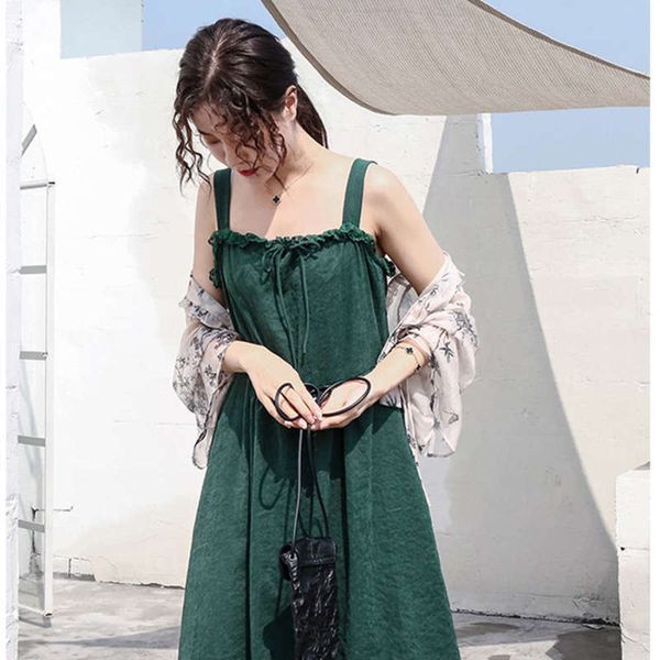 

small 2019 green fresh suspender women's summer knee skirt cool wind very fairy french minority dress, Black;gray