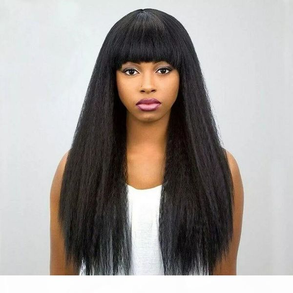 

kinky straight wigs human hair wig with bangs peruvian yaki hair wig pre plucked natural hairline 8-26 inch, Black;brown