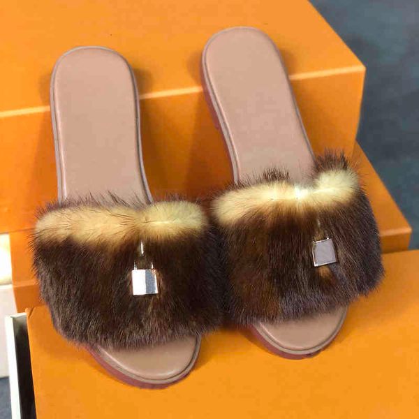 

women fur sandals fashion slides slippers lock it flat mules mink slipper ladies beach party shoes size 35-42, Black