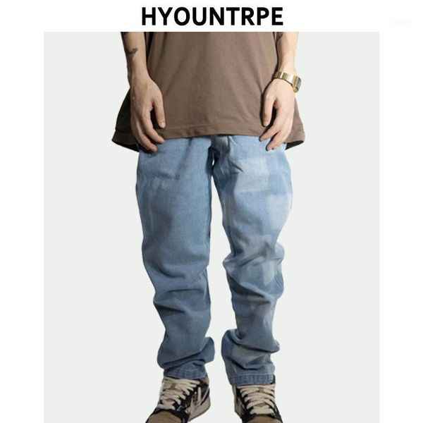 

high street plaid printed denim pants mens straight zipper jeans trouser hip hop streetwear men casual loose joggers jean pants1, Blue