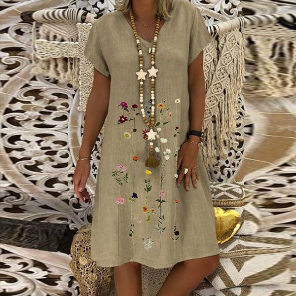 

fashion linen dress women plus size embroidered short sleeves v-neck casual short dress bayan elbise #j4s, Black;gray