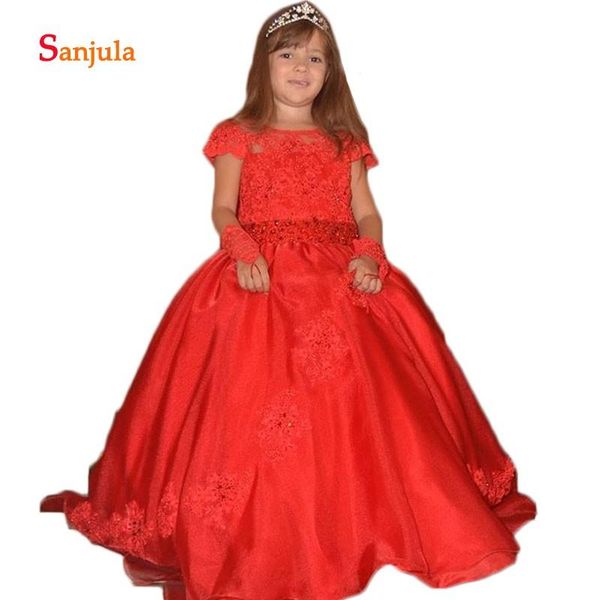 

red ball gown girls pageant party dresses cap sleeve appliques beaded sequins charming flower girls dresses backless d93, Red;yellow