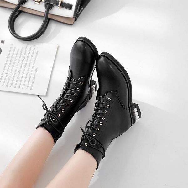 

boots european and american fashion pearl thick heel short lace up middle all round head women's, Black