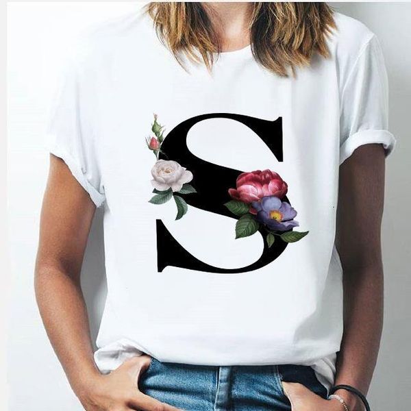

letter flower women t-shirts harajuku kawaii graphic printed t shirt fashion o-neck female clothes casual tees, White