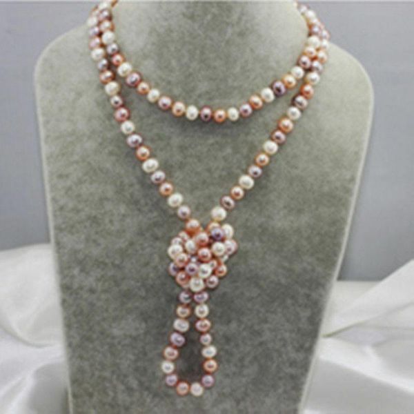 

chains beautiful 64 inch 8-9mm white pink purple akoya pearl necklace, Silver