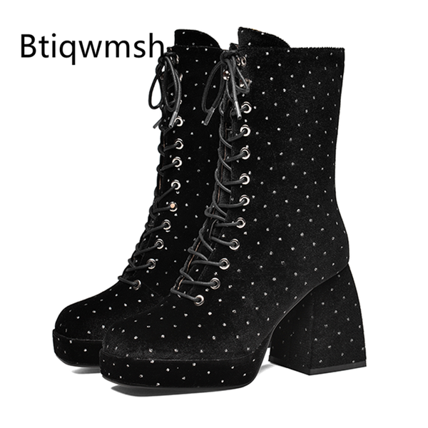 

boots luxury velvet women square toe rivet side zipper strange high heel femme platform ankle, Black