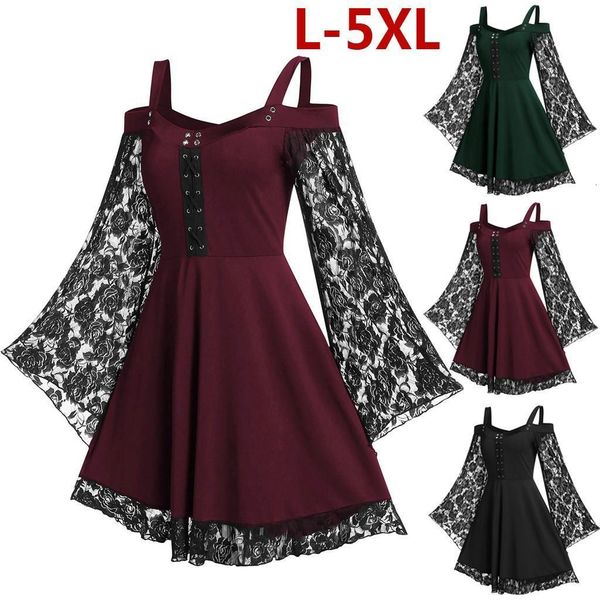 

women ladies gothic steampunk mini dress fashion lace flared sleeve short dress v-neck lace up plus loose dress plus size#j30, Black;gray