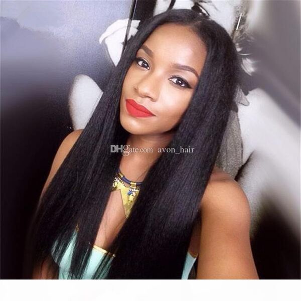 

middle part yaki straight human hair wigs with baby hair mongolian lace front wig yaki straight glueless lace wig for black woman, Black;brown