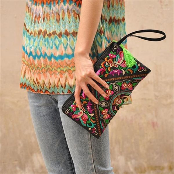 

wallets 2021 women bag handbag wallet purse national retro embroidered phone change coin with tassel fashion flower wallets1, Red;black