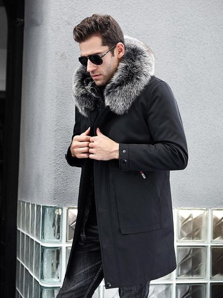 

men's leather & faux real parka winter jacket men natural rex liner long coat fur collar parkas hombre 81884 kj2733, Black