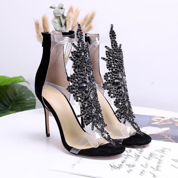 

women transparent pvc sandal jeweled crystal flower decor party shoes luxury stiletto heel open toes back zip sandals women, Black
