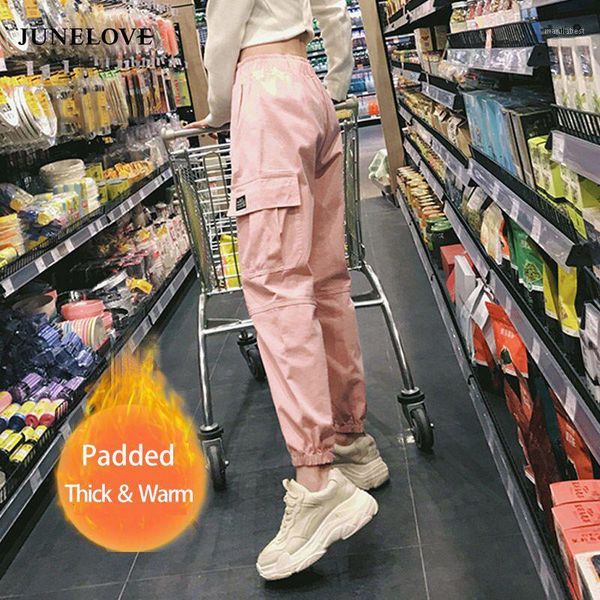 

junelove autumn winter solid women cotton high waist cargo pants lady pink female trousers street female harajuku pants bottoms1, Black;white