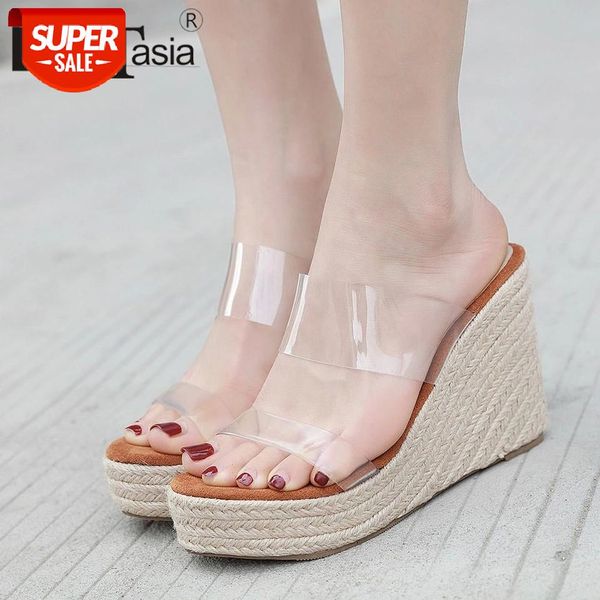 

doratasia girl transparent slippers brand fashion slippers women open toe mixed color high wedges outdoor shoes woman #5h3u, Black