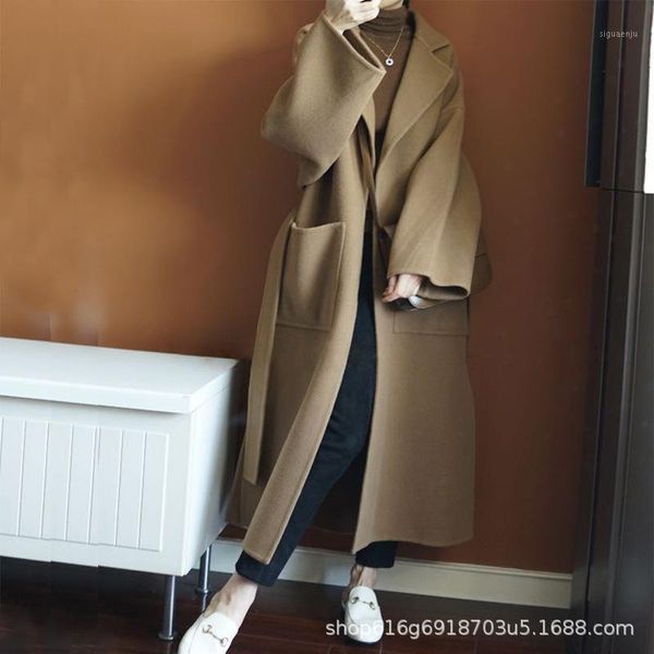

western style new winter double belt thickening wool cashmere coat female in long loose profile cloth big yards1, Black