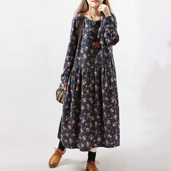 

2021 new women dresses autumn winter vintage print casual long sleeve retro cotton maxi robe tunic floral big plus size dress, Black;gray