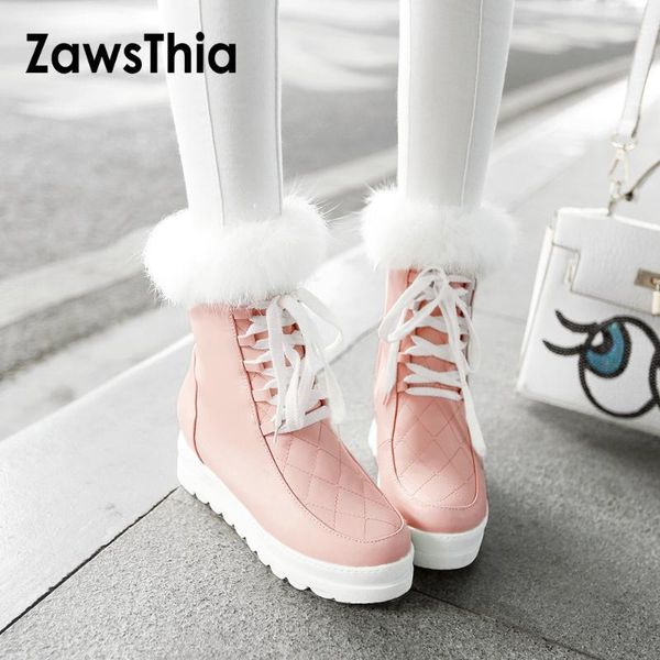 

zawsthia искусственного меха теплого зимние ботинки для женщин зашнуровать платформы скрытых клиньев высоких каблуков женщина ботильоны снег, Black