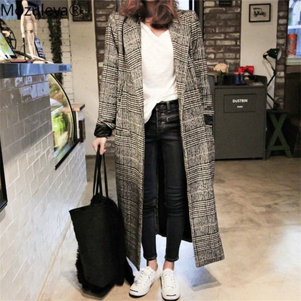 

autumn winter cashmere trench jacket women long casual plaid coat thickness warm woolen coat button pocket jackets outwear 210218, Black