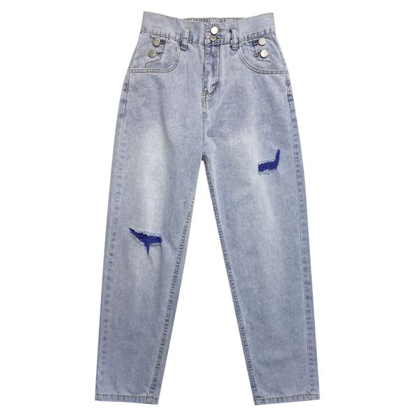 

2021 summer thin fashion color matching hole jeans women loose high waist straight casual harem pants cotton hhua, Blue