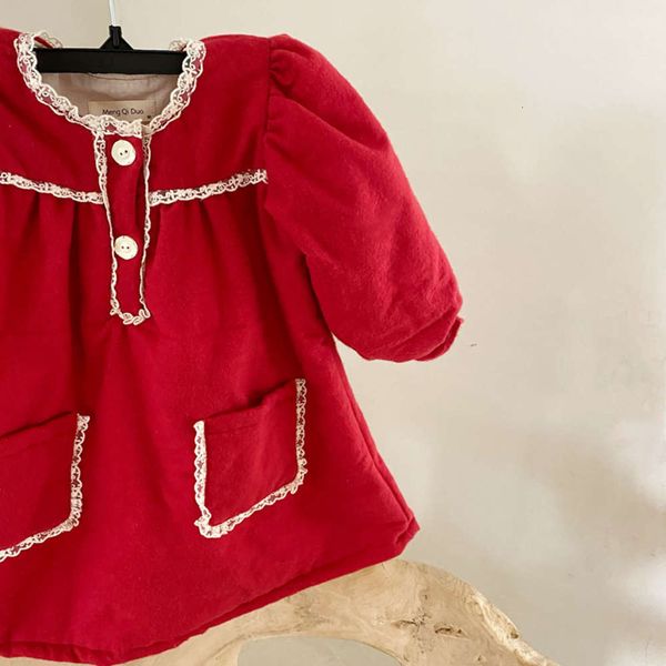 

girl's mqd korean winter drs with lace and frosted thick cotton skirt, Red;yellow