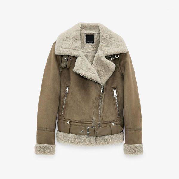 

fall 2020 women clothing winter coat thick warm retro suede lambs wool motorcycle jacket belt leisure loose jacket for women1, Black