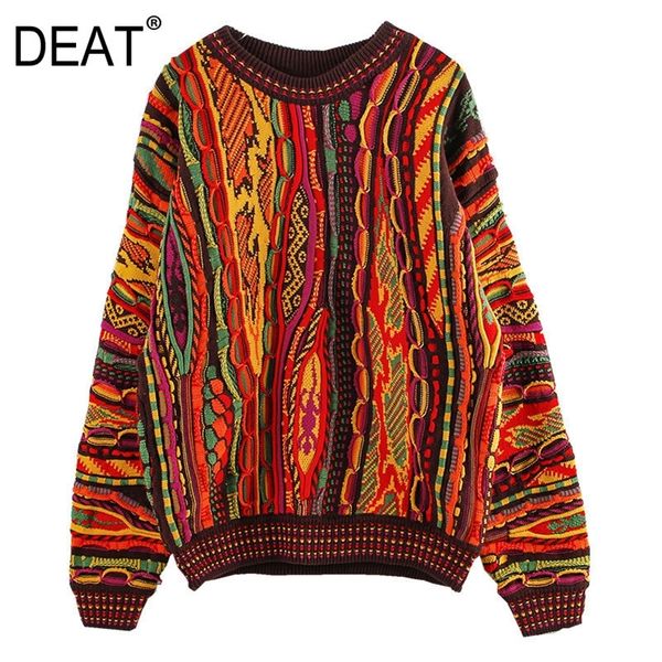 

[deat] new autumn fashion women's colorful folk style pullover knitted sweater striped full sleeve o-neck thick loose tx090 201130, White;black