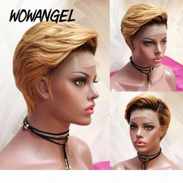 

wowangel pixie bob short cut 4*4 lace clousre human hair wigs 180% density honey blond ombre colored c part brazilian remy woman, Black;brown