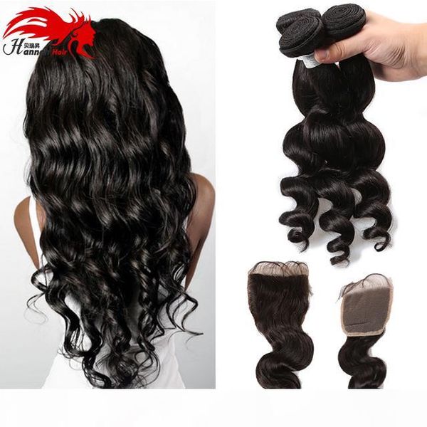 

peruvian virgin hair loose wave 3 bundles with closure peruvian loose curly virgin hair human hair with closure piece 100g, Black
