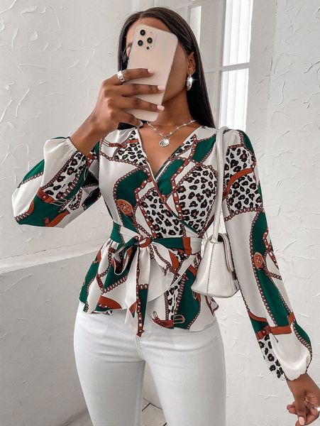 

chain & leopard print belted peplum blouse n8li#, White
