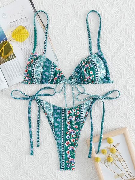 

paisley & ditsy floral tie side bikini swimsuit d6ba#, White;black