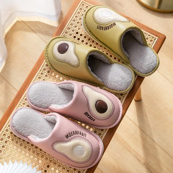 

women pu leather slippers winter fur cotton slipper male non-slip waterproof female warm indoor outdoor home couples shoes, Black
