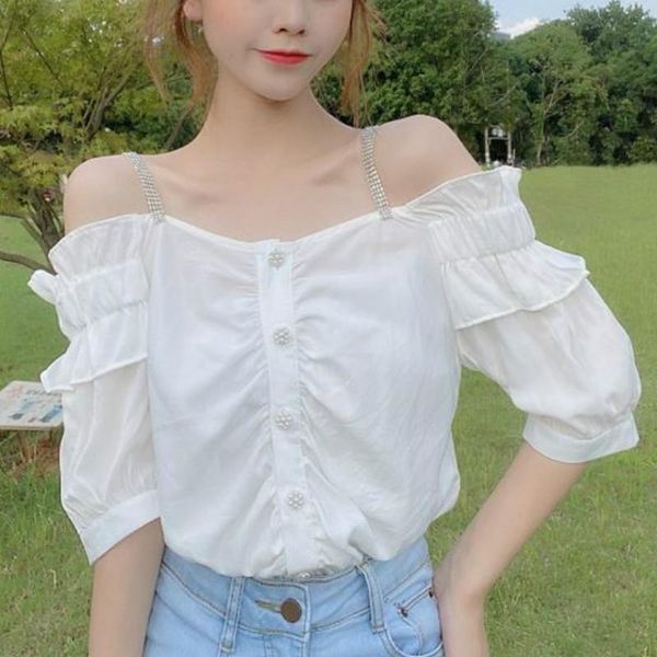 

korean blouse women 2020 casual puff sleeve off shoulder strap chiffon shirt kawaii womens blouse white shirt for summer