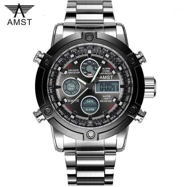 

wristwatches 2021 waterproof relogio masculino amst watches men watch stainless steel analog digital dual time sport watches1, Slivery;brown