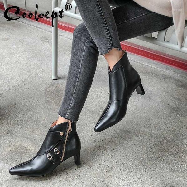 

boots coolcept brand winter shoes women genuine leather ankle thick heel pointed toe zipper buckle black footwear size 33-401