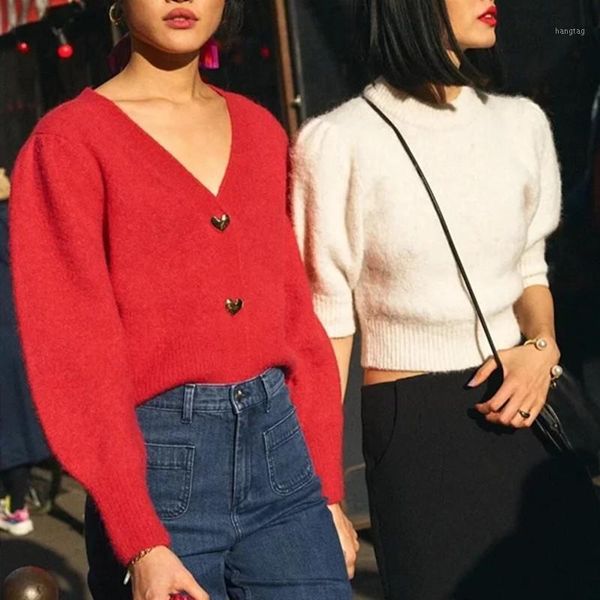 

autumn v-neck lady knit cardigan heart shape buttons women sweater new wool blend long sleeve female casual knitwear outwear, White