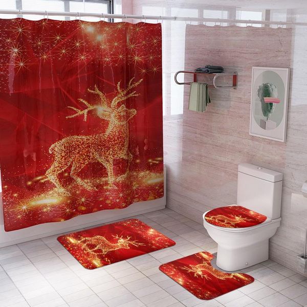 

christmas elk printed bathroom shower curtain toilet waterproof bath curtains toilet cover mat non slip rug set with 12 hooks1