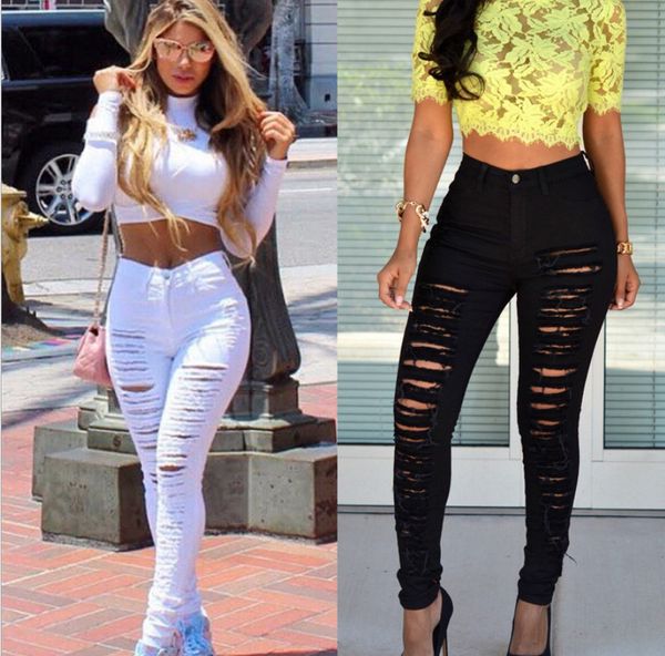 

new women's wear-out elastic slim leggings, tight and perforated jeans, Blue