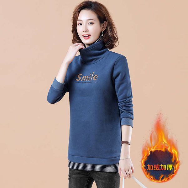 

fake two pieces of high collar plush thickened sweater for women, Black