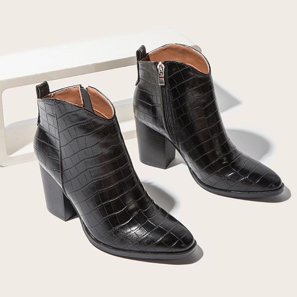 

women ankle boots ladies pu leather slip on fashion shoes female pointed toe casual square heels boots woman autumn footwear new, Black