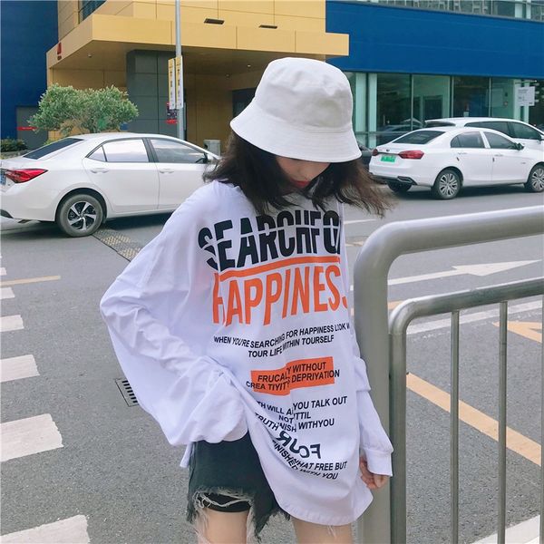 

autumn 2020 screent-shirt screen korean alphabet print loose bf style medium length screen red same long sleeve t-shirt for women tgbbe tgbb, White