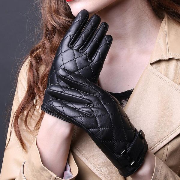 

five fingers gloves 2021 ladies genuine leather thick winter warm sheep hasp lattice quilted driving promotion b-3615, Blue;gray