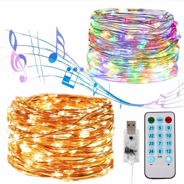 USB Music Control String Light 5M 10M 20M 8 Функция Удаленный звук Активированные светодиодные фонари для гирлянды Рождественское праздничное освещение