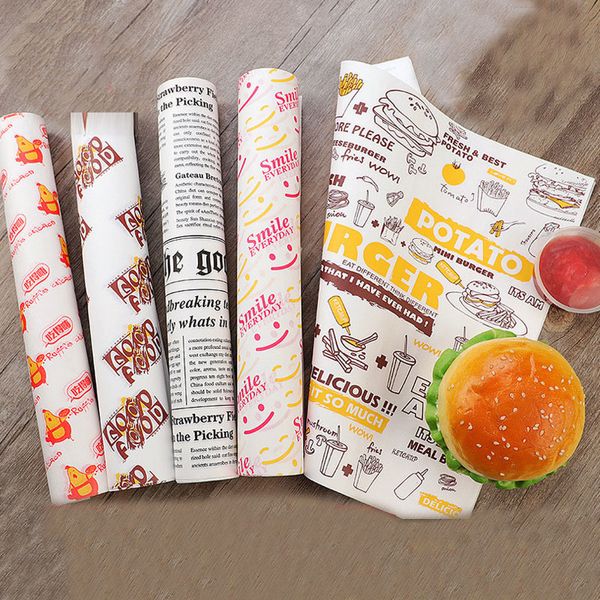 100 ADET Yağ Geçirmez Balmumu Kağıt Gıda Sarıcı Kağıt Ekmek Kum Burger Patates Kızartması Pişirme Araçları Fast Food Özelleştirilmiş Tedarik 201023