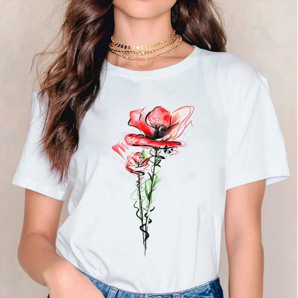 

t shirts for women print lady aesthetic clothes floral flower watercolor ladies womens graphic t shirt female tee shirt, White