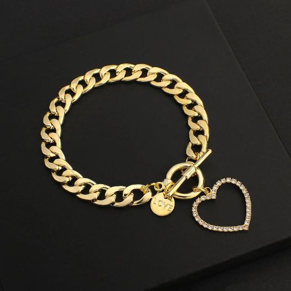 

amorcome fashion rhinestone heart pendant love letter charm bracelets bangles alloy curb thick chain bracelet couple jewelry, Golden;silver
