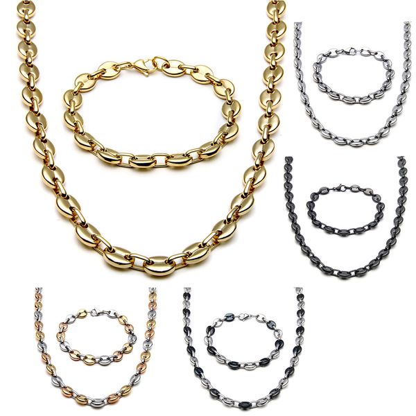 Aço Inoxidável Unisex Hip Hop Jóias Conjuntos de Alta Polido Masculino Mulheres Moda Colar Pulseira 2 Pçs Conjunto De Café Bean Button Chains 5 Color