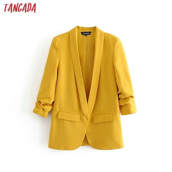 

tangada women solid blazer autumn pockets pleated three quarter sleeve outerwear ladies work wear casual chic da75 y201026, White;black